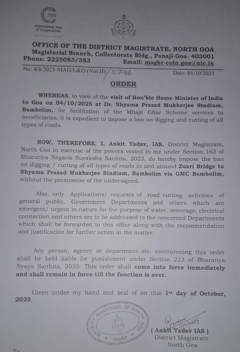 thegoanonline's tweet image. THE GOAN | Ahead of HM #AmitShah’s Oct 4 visit, North Goa DM bans #digging/cutting on roads from #Zuari Bridge to Shyama Prasad Mukherjee Stadium, #Bambolim. Only urgent govt works allowed.

#Goa #BreakingNews