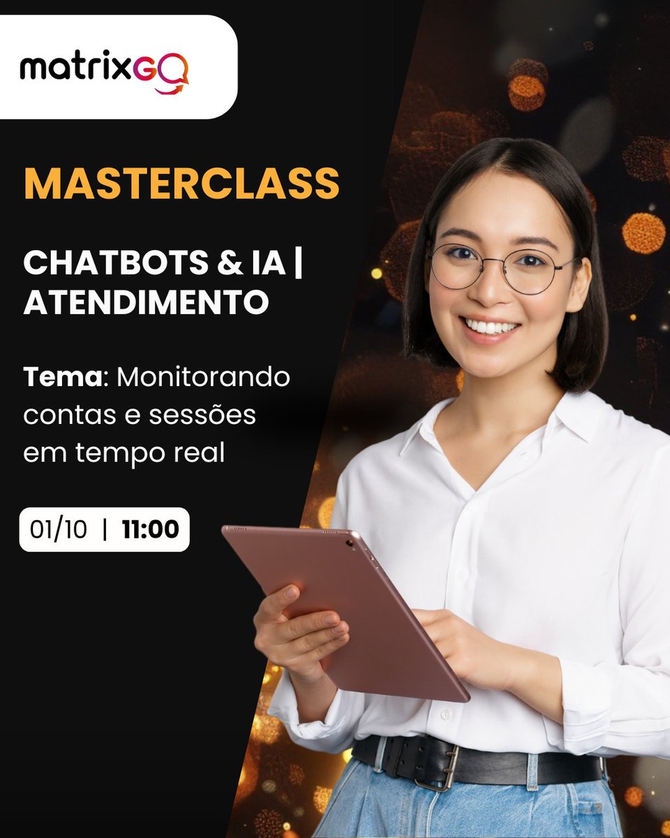 Matrix__go's tweet image. A Matrix Go segue com as MasterClasses semanais: encontros práticos, com aplicação imediata no dia a dia.
Masterclass — Atendimento
📆 01/10
🕚 11h
📍 YouTube da Matrix Go: hubs.ly/Q03LtSQ00
Somos parceiros oficiais da Meta. Marque seu time e participe ao vivo.