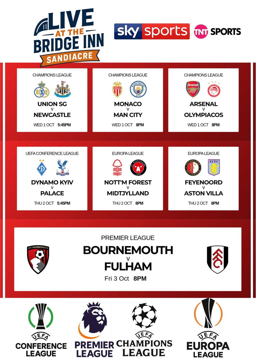 TheBridgeNottm's tweet photo. Big week for sport with all the European games on tonight, Wednesday and Thursday.
#thebridgesandiacre #eufachampionsleague #UefaConferenceLeague #EuropaLeague https://t.co/WDMKBT9iXd