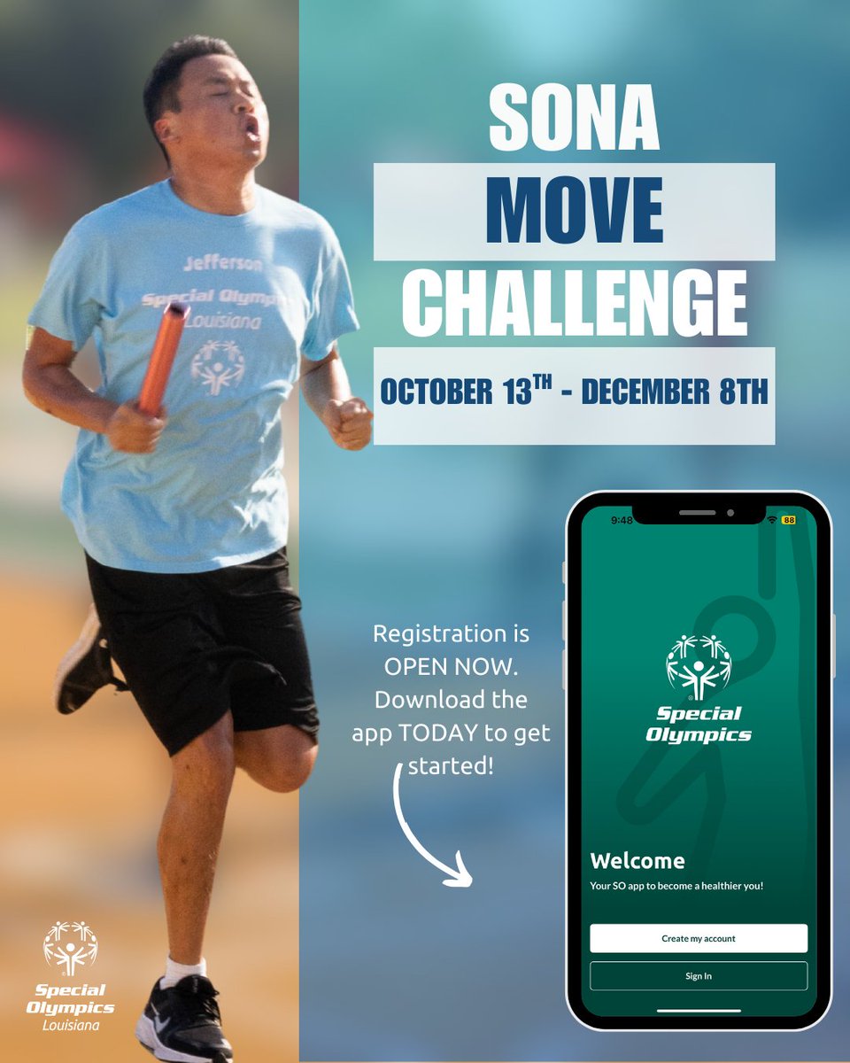 SOLouisiana's tweet photo. 🚨REGISTER TODAY🚨
The SONA Move Challenge takes place October 13th-December 8th and registration is OPEN NOW!
Download the SO Fitness App to get started.
➡ Apple: https://t.co/ZUspeifkpq
.
.
.
.
#InclusiveHealth #MoveChallenge #SONAMove https://t.co/46rYVn4OYz