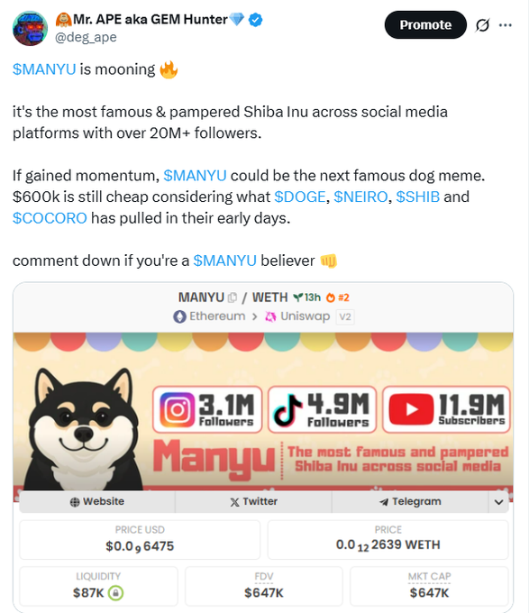 deg_ape's tweet photo. I gave you $MANYU at 650k before it pumped 100X  🔥

I gave you $MANYU at 14M before it pumped 5X  🔥

It wasn't a blind bluff, this was my conviction in $MANYU community, holders and evolving dog meme lore 

300M next in $MANYU. Let's send it together  👊 https://t.co/lIXRbpK2tJ
