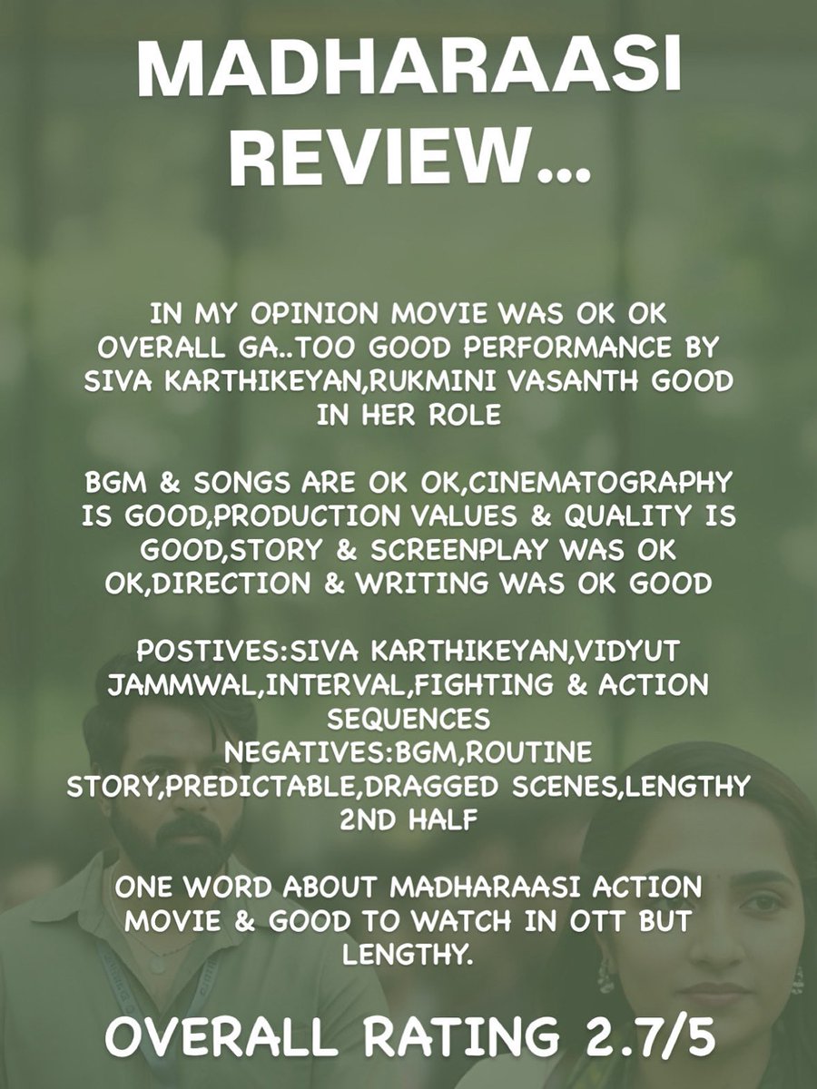 Movie_Times_OTT's tweet photo. #Madharaasi Movie Review ๐๐
#Sivakarthikeyan #RukminiVasanth
#ReviewWorld https://t.co/X2wLoqBYHF