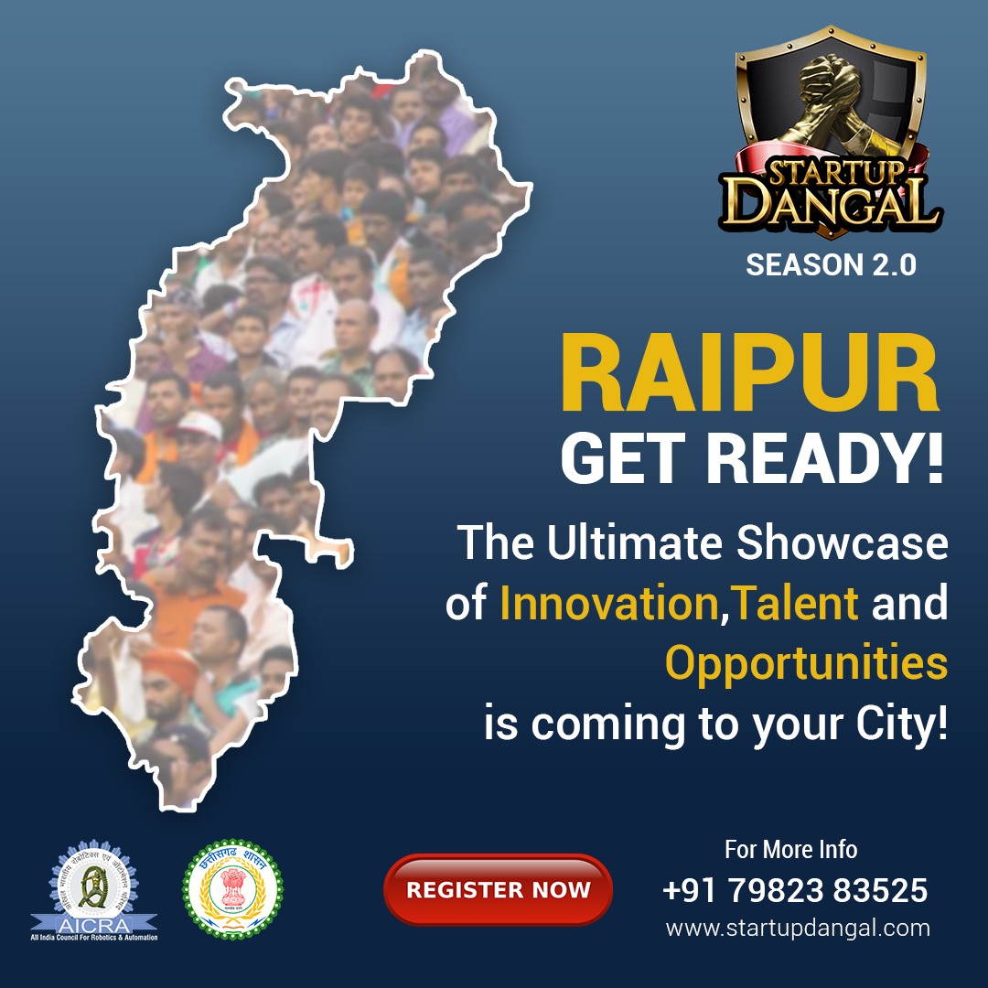 Raipur, Get Ready!
The Startup Dangal Roadshow is coming 
Live demos
Exciting competitions
Networking with leaders

Raipur |  8–9 Oct 2025
+91 79823 83525 |  startupdangal.com
Register today &amp; represent Chhattisgarh!
#StartupDangal #RaipurRoadshow #StartupIndia