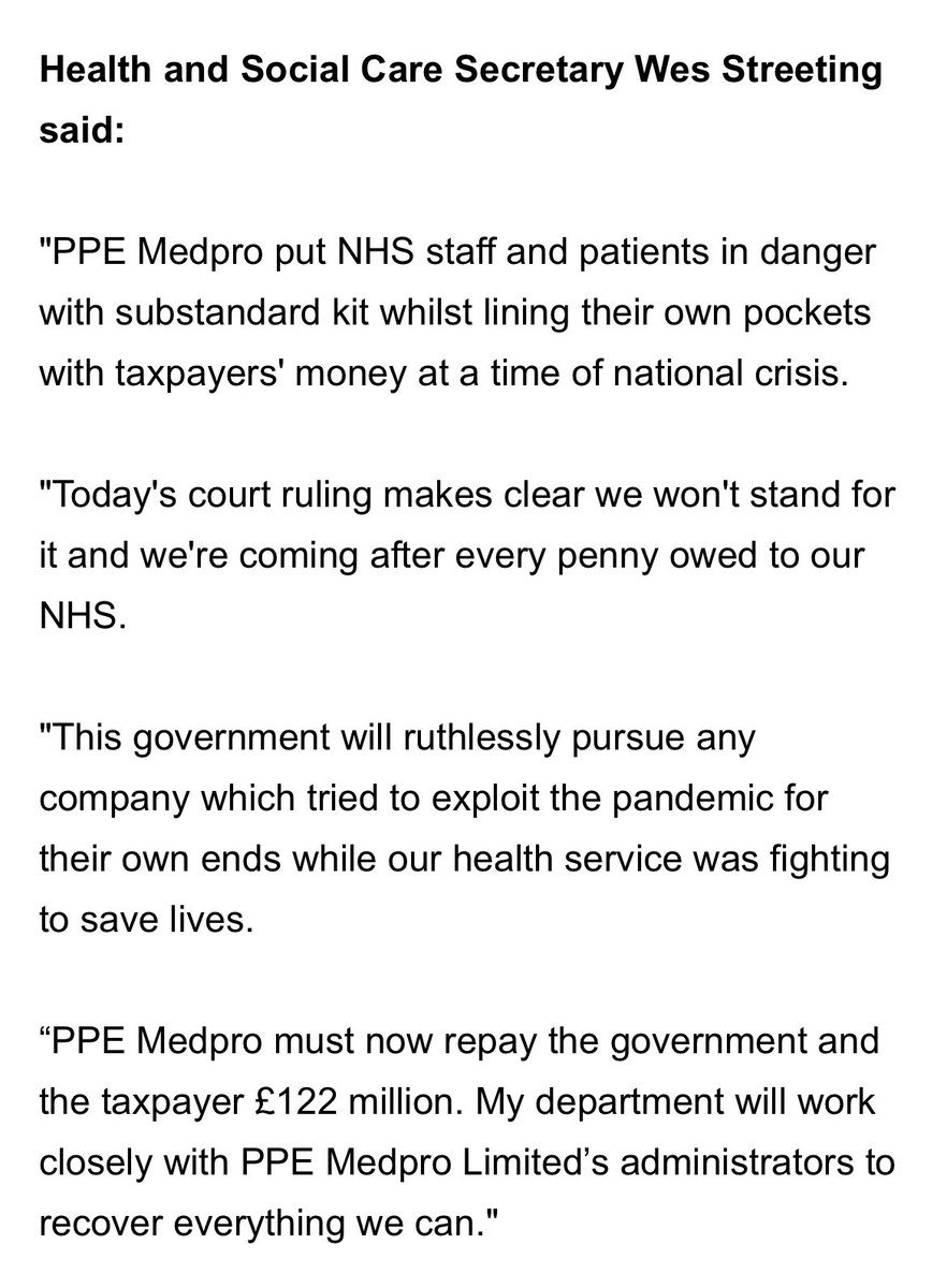 PPE Medpro was incorporated the day before Michelle Mone recommended it to the “VIP fast lane”, and went into administration days before today’s judgment it should repay £122m. Wes Streeting says DHSC will work to recover “everything we can”