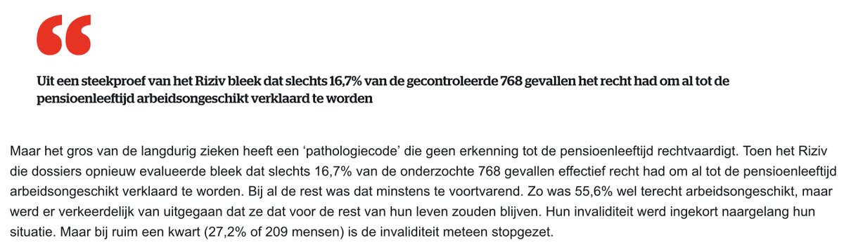 16,7% van de tot pensioen langdurig zieken bleek dus terecht. 16,7%! 83,3% dus nièt. en 27% is zelfs helemààl niet ziek. En dit gaat niet om enkelingen: er zijn  260.000 van die langdurig zieken. Vindt iemand dit 'sociaal'? Nog een belasting iemand? #sterkeschouders