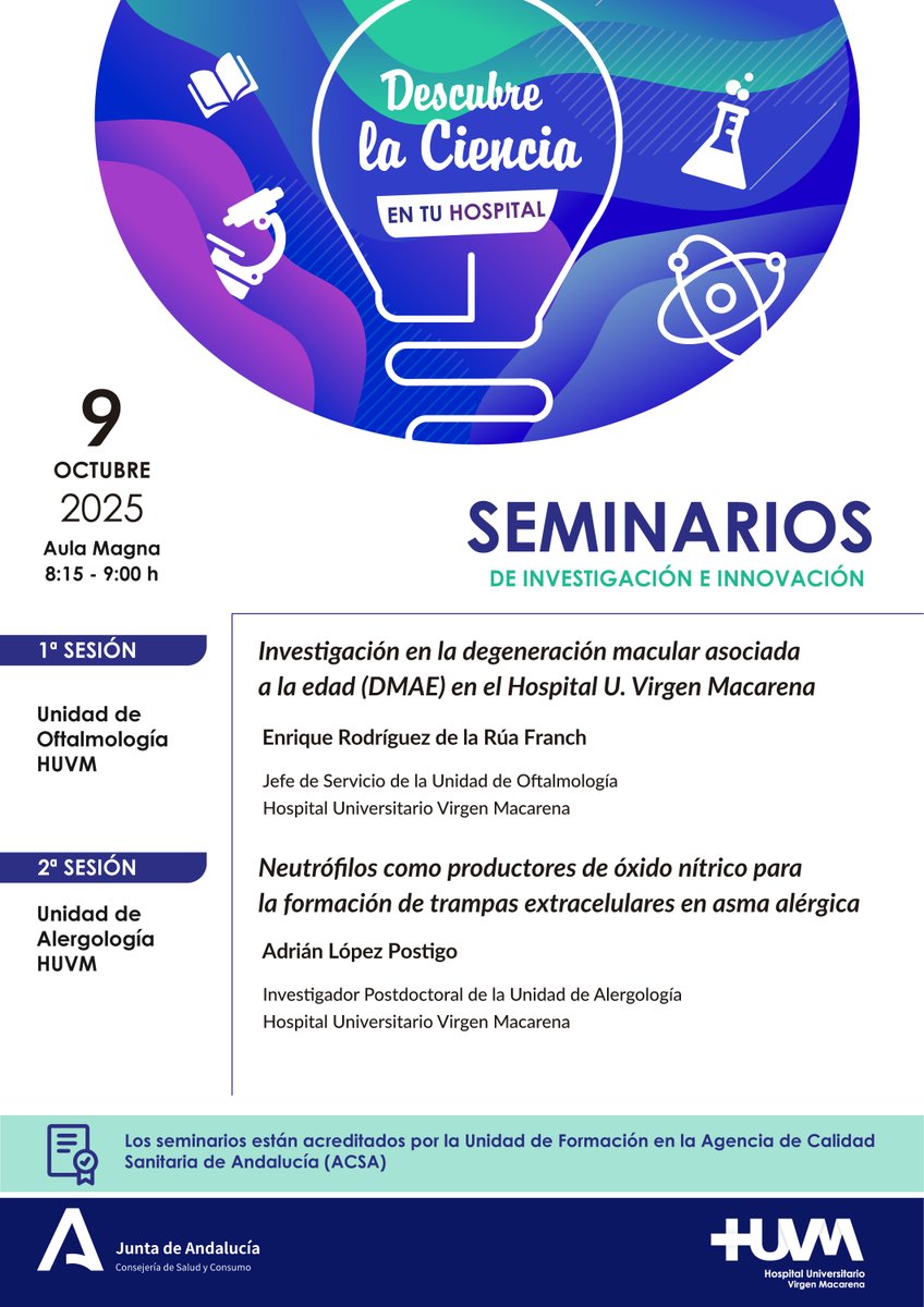 HUVMacarena's tweet photo. 🔬El próximo jueves, 9 de octubre, nuevo seminario de #investigación de la mano de los Servicios de Oftalmología y Alergia.
⏰08:15
📌Aula Magna

#huvminvestiga https://t.co/gxvtbopcax