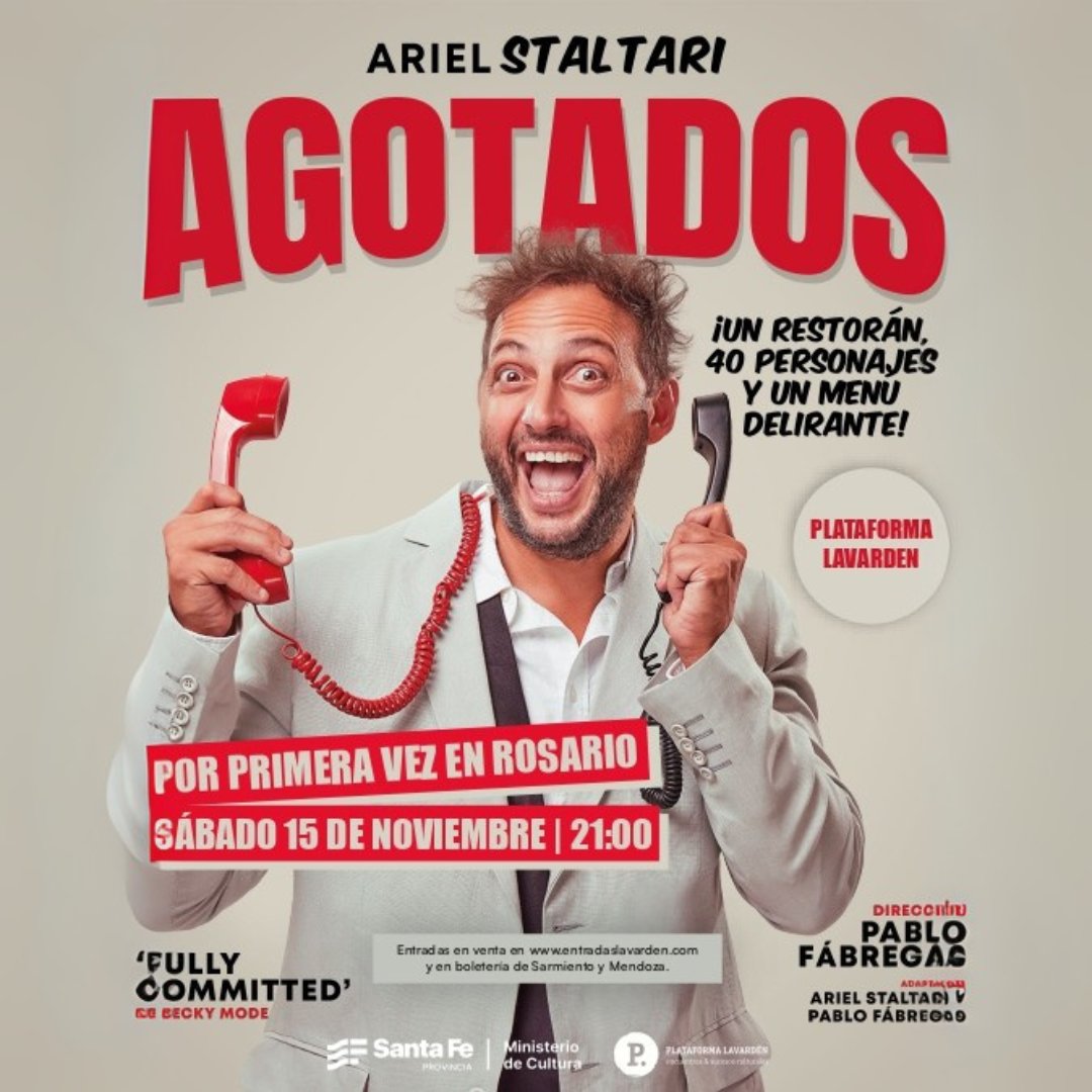 🎭 Llega a Rosario #Agotados. Bajo la dirección de Pablo Fábregas y la descomunal actuación de Ariel Staltari para interpretar a más de 40 personajes, se desarrolla esta hilarante historia cargada de risas, complicidad y un guiño a la cultura argentina.

dosdosunoprensa.com.ar/2025/10/01/ago…