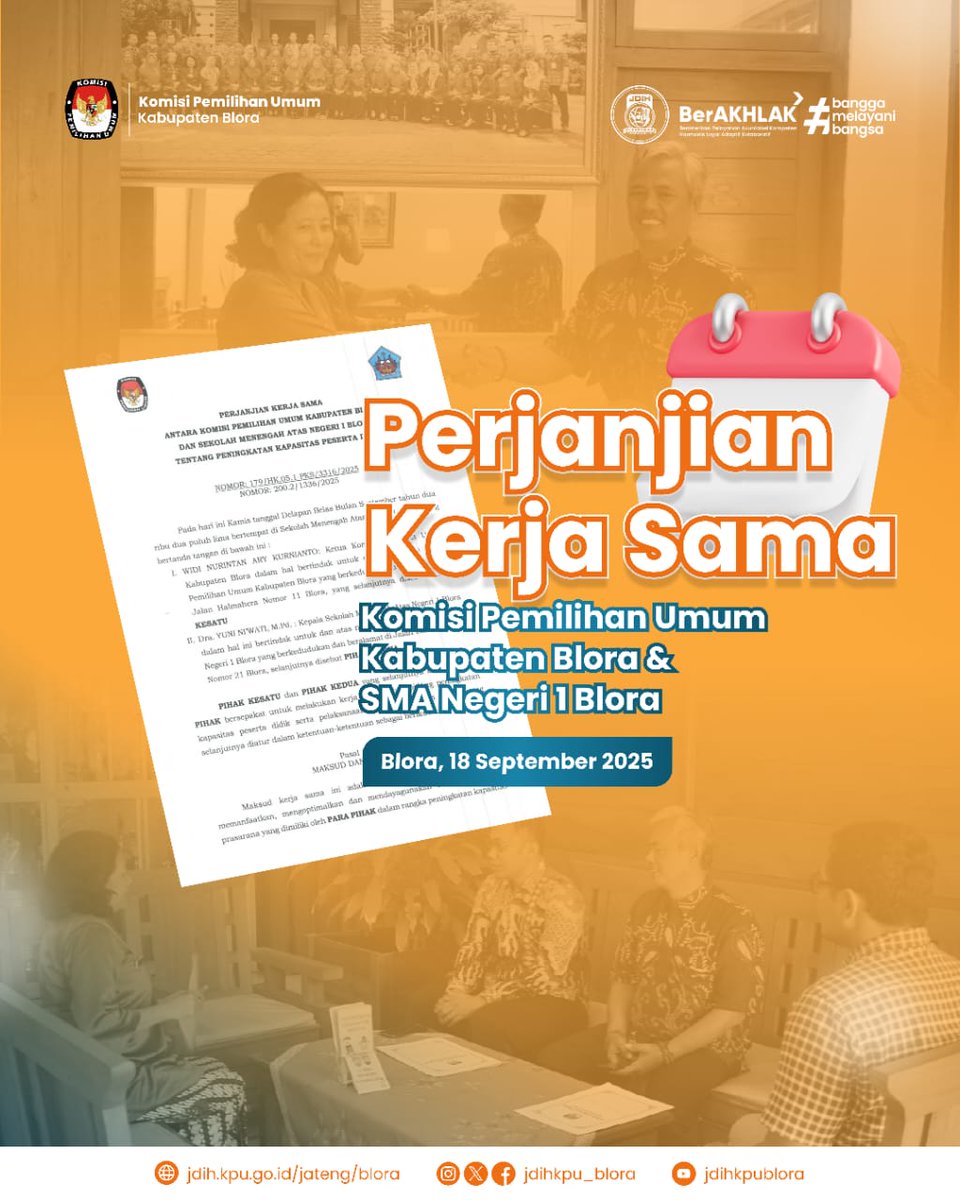 jdihkpu_blora's tweet photo. KPU Blora dengan bangga mengumumkan kerja sama dgn salah satu sekolah terbaik, SMA Negeri 1 Blora!
Melalui program ini, kami akan hadir langsung untuk berbagi ilmu seputar pemilu & demokrasi kepada para siswa.
#JDIHKPUBlora #KPUBlora #SMAN1Blora #PemilihMuda #GenZMelekPolitik https://t.co/2olikxBSFv
