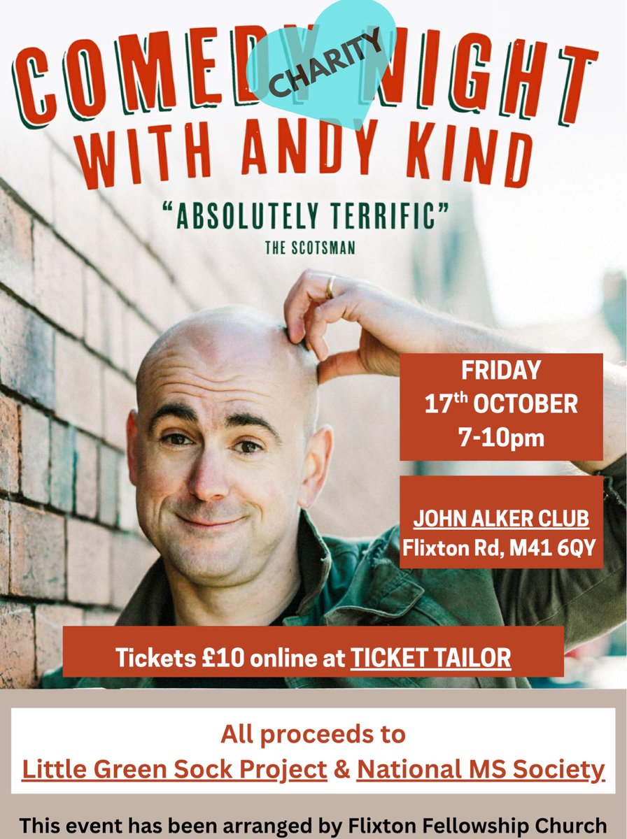 Charity comedy night at the John Alker Club, Friday 17th October, 7–10pm with comedian Andy Kind.
🎟️ Tickets just £10 — available online via Ticket Tailor tickettailor.com/events/sjevent…
📍 Venue: John Alker Club, Flixton Rd, M41 6QY

Come along for a laugh and help raise funds.