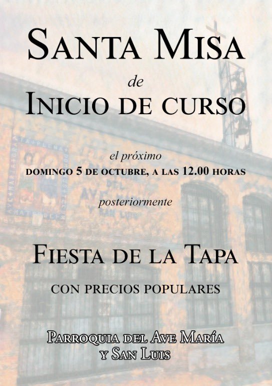 🟤 RECORDATORIO| Este domingo, tras la celebración de la Santa Misa de inicio de curso, tendremos un rato de convivencia en el patio de nuestra parroquia, donde podremos degustar suculentas tapas a precios populares.