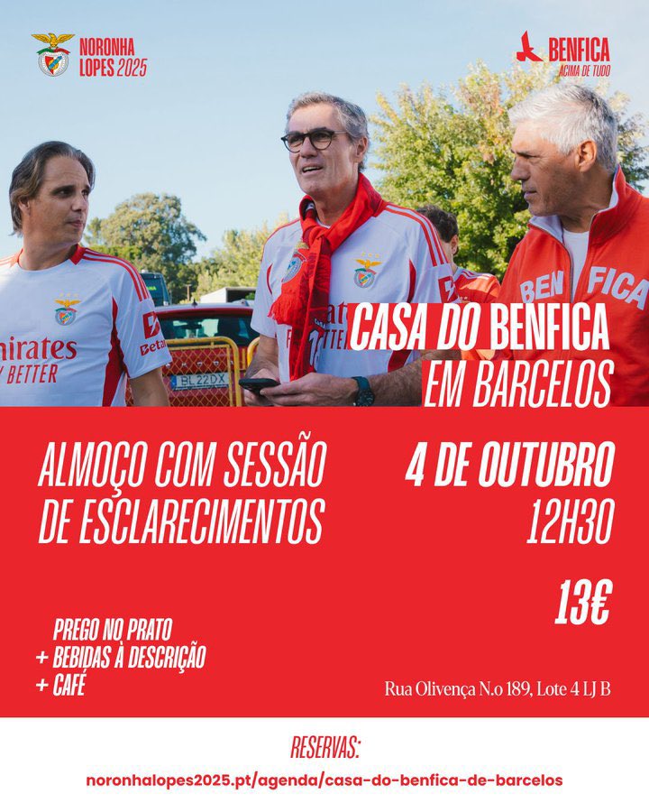 No próximo Sábado estarei presente na Casa do Benfica em Barcelos para + uma sessão de esclarecimento da candidatura de <a href="/jnoronhalopes/">João Noronha Lopes</a> e sua equipa. 

Venham Benficar connosco e ouvir as ideias e projeto para a mudança que se exige no dia 25 de Outubro. 

O Benfica Acima de Tudo!