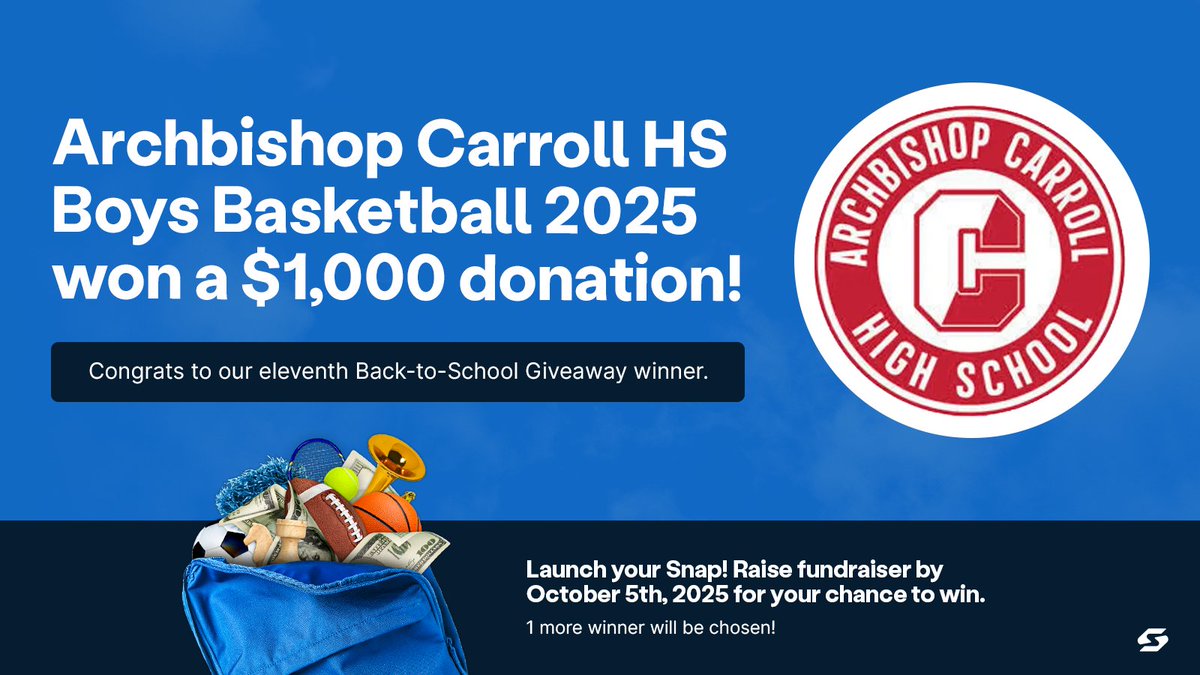 onsnapmobile's tweet image. Back-to-school season is almost over! Congratulations to Archbishop Carroll HS Boys Basketball 2025, our 11th $1,000 donation winner! There&apos;s only a few days left to enter to win the final $1,000 donation! Launch your fundraiser before Oct. 5th: 
bit.ly/4mqGCtx