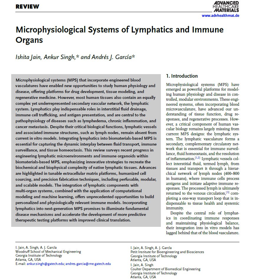 Dr_ASingh's tweet image. Pleased to share our new review on microphysiological systems of lymphatics & immune organs in Adv. Healthcare Materials. Congrats to the American Heart Association (@American_Heart) Post-Doctoral Fellow Dr. Ishita Jain @ishujain4695, on her publication. 🔗advanced.onlinelibrary.wiley.com/doi/10.1002/ad…