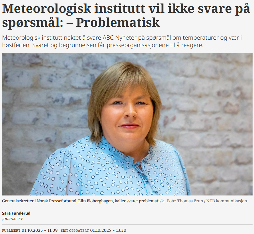 Anduril100's tweet photo. Meteorologisk institutt vil ikke snakke med en journalist fordi de  frykter å bidra til en artikkel som vil kunne føre til at flere flyr til  Syden. 

Hvis det stemmer har Met blitt en lobby-organisasjon for lavere klimagassutslipp Da må vi ta de sier med en stor klype salt. 1/ https://t.co/xhjsxxWPD2