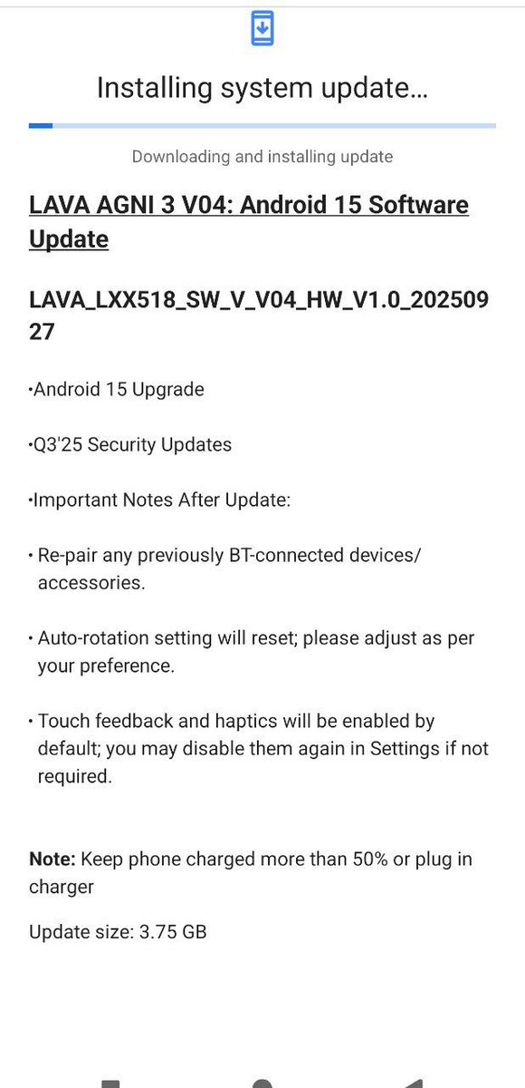 just_a_techy's tweet photo. Appreciation Post ✨

While others struggle with Android 16 beta, Lava just dropped a stable Android 15 update for Agni 3 — without a single new feature. 👏

Released only a year late for other brands. 
Wonderful job, @LavaMobile 🔥
Love you @sunilraina sir 🥰.

#ProudlyIndian . https://t.co/rCTBkhVtXI