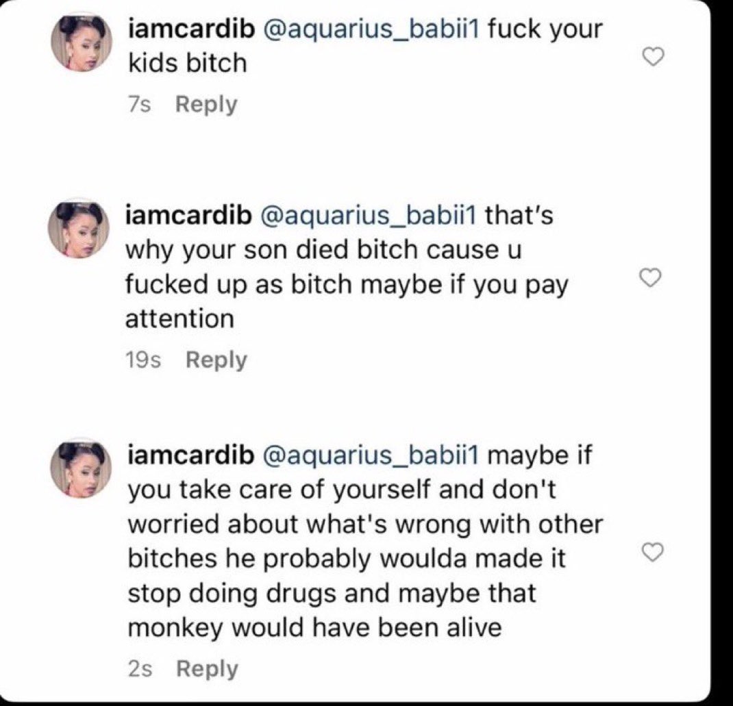 price0fwoke's tweet photo. Wait until you find out Cardi called a dead black kid a monkey and mocked his death. But I’m sure you guys don’t care when she does it. https://t.co/76GbZZUEY1