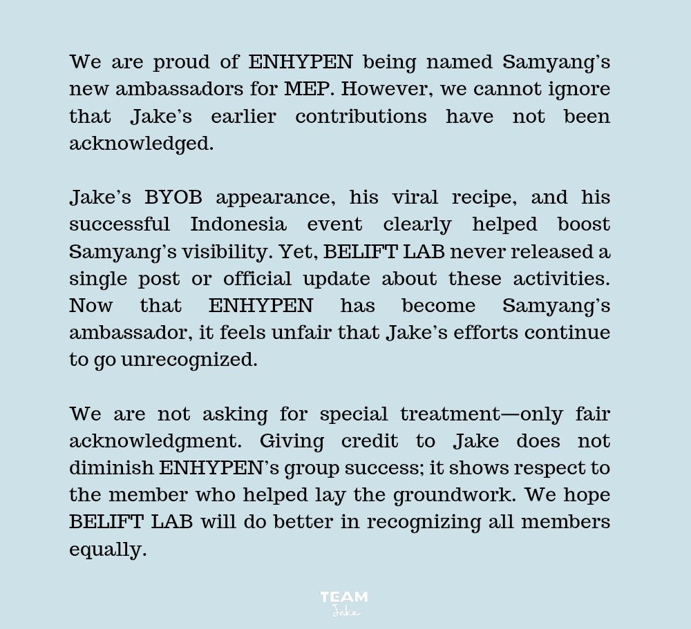 We celebrate ENHYPEN’s Samyang ambassadorship, but fairness means acknowledging Jake too. His BYOB guesting &amp; Indonesia event helped pave the way. BELIFT’s silence is disheartening.              
#RESPECTJAKE <a href="/BELIFTLAB/">BELIFT LAB</a>