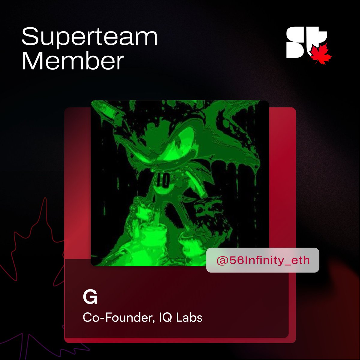 Welcome G to Superteam Canada! 🔥

Co-founder and DevRel at IQ Labs (<a href="/IQ6900_/">IQ6900</a>), building large-scale data storage and retrieval on Solana. He’s a 5th year at MacEwen and has been active at Solana events around the world.

Stoked to have you with us, @56Infinity_eth! ⭐🫡🍁