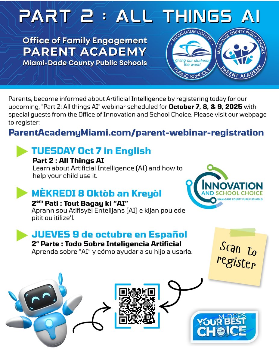 Don't miss out on this informative webinar! Learn about Artificial Intelligence (AI) in our schools, with special guests from the Office of Innovation and School Choice. Please visit bit.ly/43Clb2O to register or scan the QR code on the flyer below.