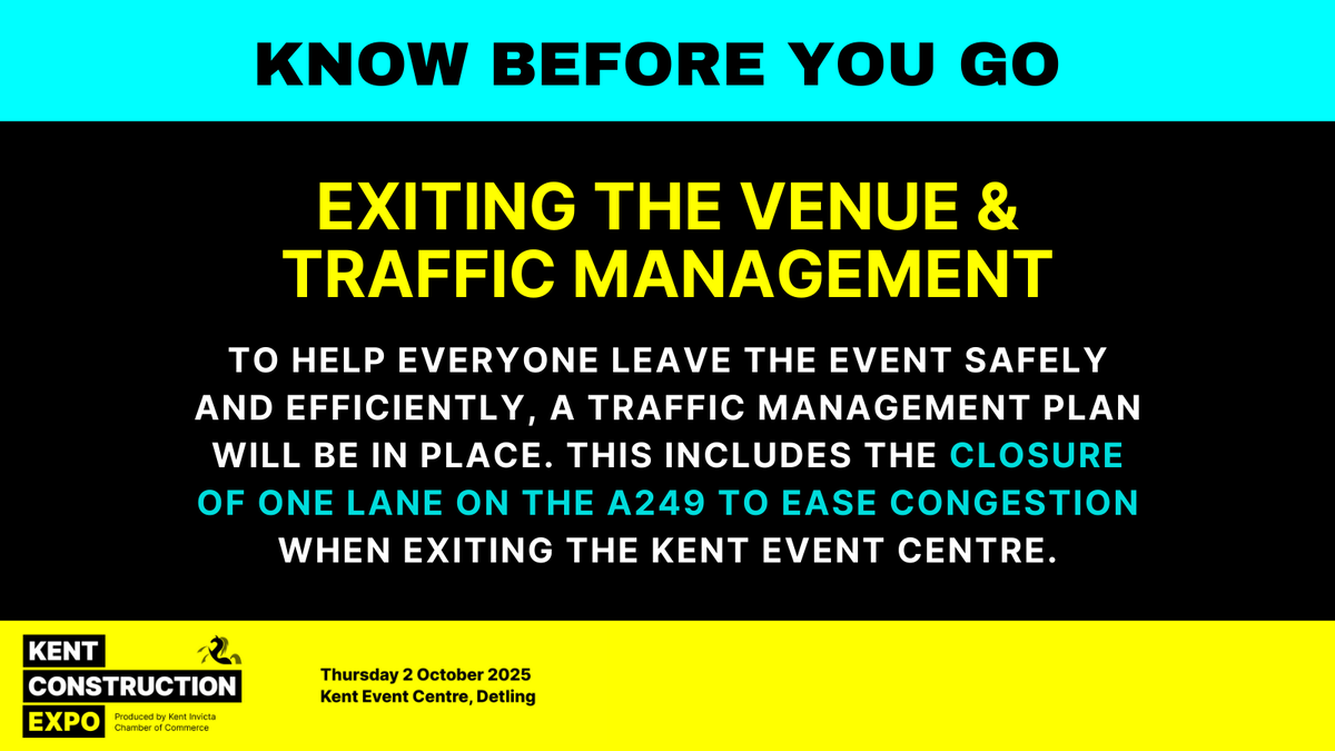 KentConExpo's tweet image. To help everyone leave the event safely and efficiently, a Traffic Management Plan will be in place. This includes the closure of one lane on the A249 to ease congestion when exiting the Kent Event Centre ⚠️ #KentConstructionEXPO #ConstructionIndustry #KentEvents