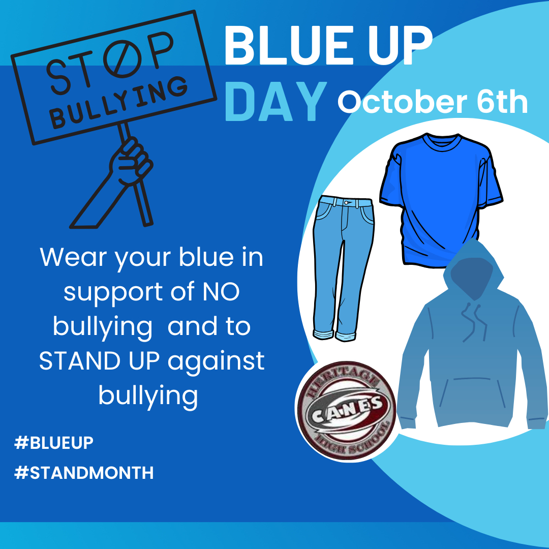 HeritageHS's tweet photo. October is Bullying prevention month. Wear your blue on October 6th to STAND Up Against Bullying. Student participants will receive a special treat.
#STANDHHS #STANDNNPS https://t.co/Bs7x2Tmevr