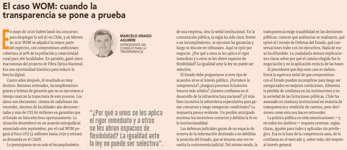 💬 #OpiniónDF | Columna - El caso WOM: cuando la transparencia se pone a prueba
✍🏻 <a href="/marcelodrago/">Marcelo Drago Aguirre</a>, expresidente del Consejo para la Transparencia
df.cl/opinion/column…