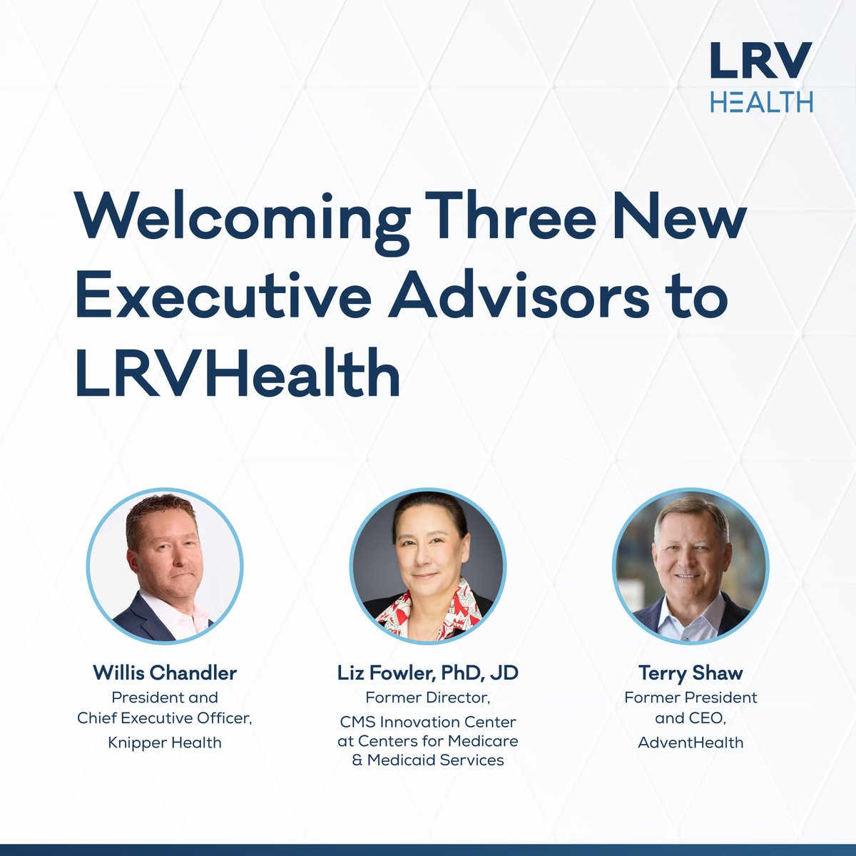 We are excited to welcome 3 new executive advisors to LRVHealth, joining a group that reflects perspectives from across the healthcare ecosystem. Welcome Willis Chandler, <a href="/LizFowler_/">Liz Fowler</a> &amp; Terry Shaw! Read their full bios: lrvhealth.com/resource/welco…