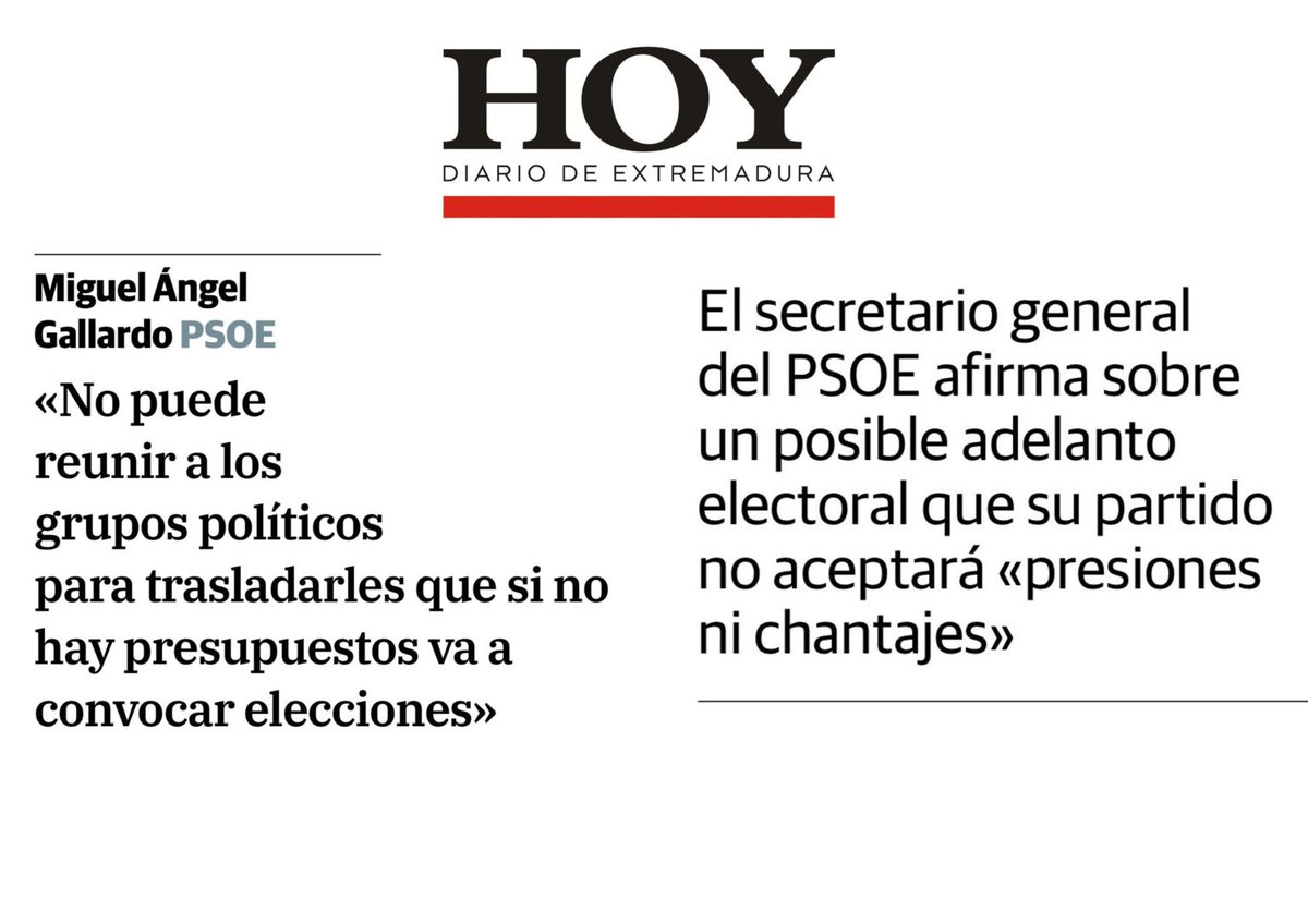 El Gobierno del PP de Guardiola ha fracasado: no sabe responder a los problemas de Extremadura y su única salida es amenazar con elecciones dictadas desde Génova. ¿Quién gobierna Extremadura, Guardiola o Feijóo?

👉🏼 Frente a chantajes, el PSOE de Extremadura está y estará siempre