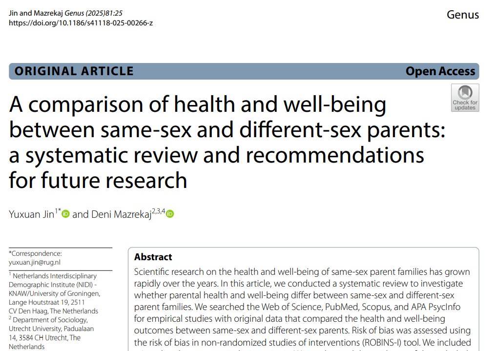 New systematic review finds same-sex &amp; different-sex parents show similar mental health, parenting stress &amp; relationship quality, though same-sex parents face more stress related to discrimination and less family help - by <a href="/_yuxuanjin/">Yuxuan Jin</a> &amp; <a href="/DeniMazrekaj/">Deni Mazrekaj</a> 

🔗genus.springeropen.com/articles/10.11…