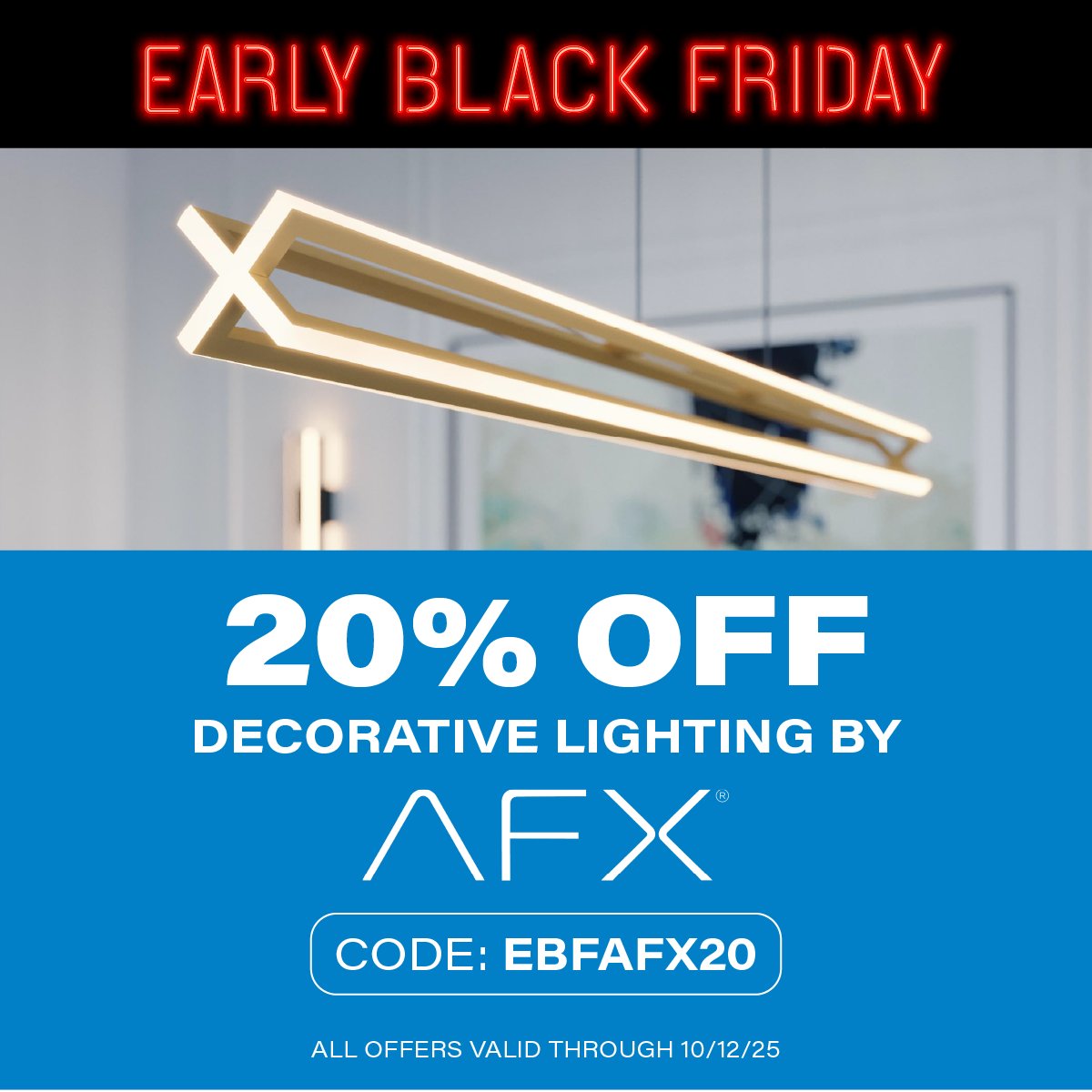1000Bulbs's tweet image. 🚨 Early Black Friday Deal! Get 20% OFF all AFX Lighting products with code EBFAFX20 at checkout. Ends 10/12. Shop now: bit.pulse.ly/9li6vpns24

#EarlyBlackFriday #BlackFridayDeals #LightingSale #SaveBig