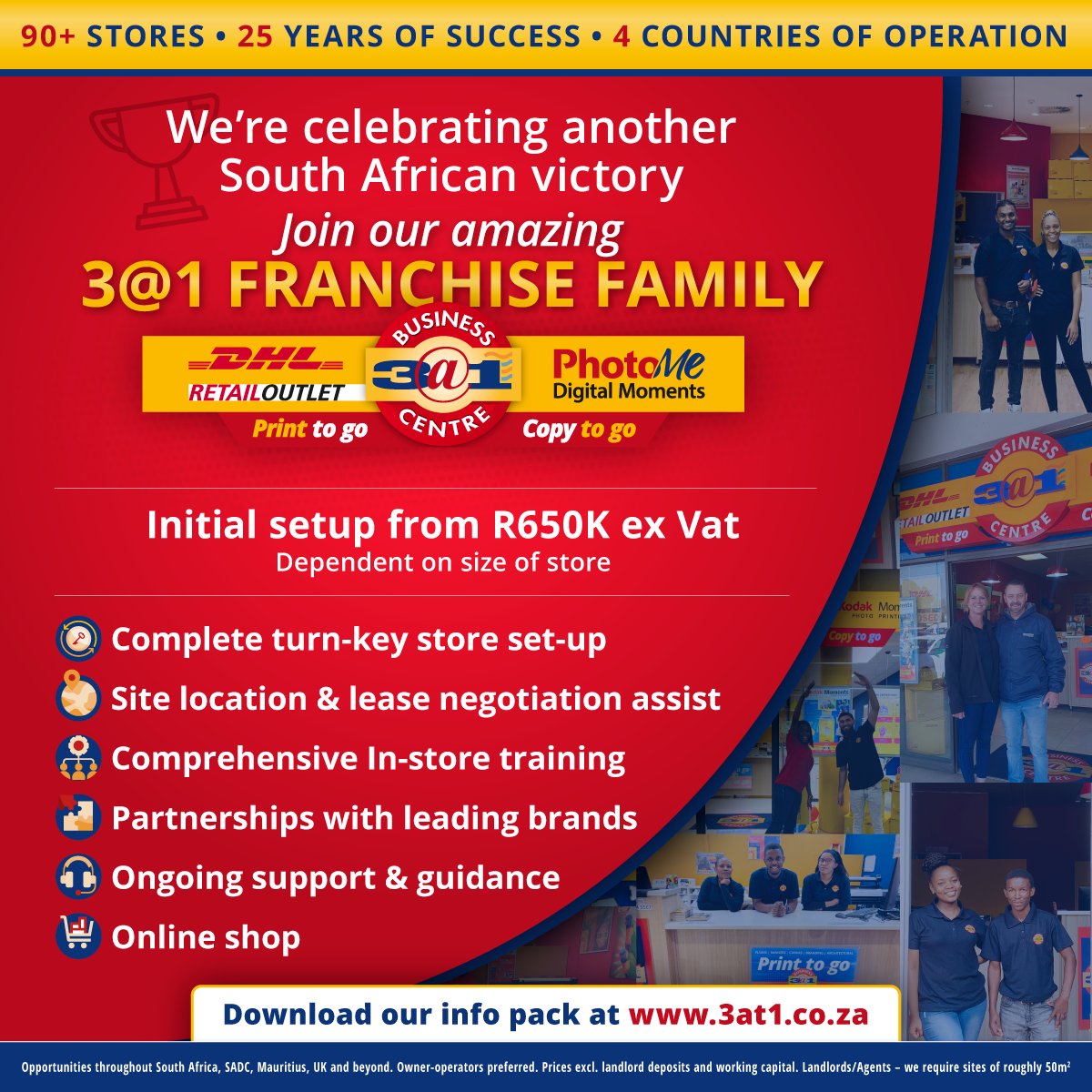 💥 Your Business, Your Future!

Join the award-winning 3@1 Business Centre Family – 25 years strong, 90+ stores and growing, across 4 countries 🌍✨

Build your future today! 🙌
Visit 3at1.co.za to find out more!

#OwnYourFuture #FranchiseOpportunity
