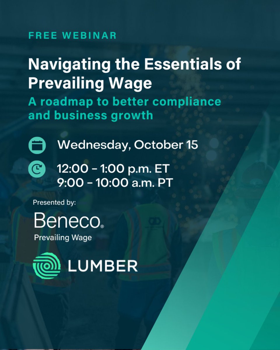 Lumber and Beneco are teaming up for a webinar to guide you through the ins and outs of prevailing wage, from compliance to growth opportunities.

👉 Register now: hubs.la/Q03LGS-W0

#Webinar #ConstructionPayroll #PrevailingWage #PublicWorks #ConstructionHR #Compliance