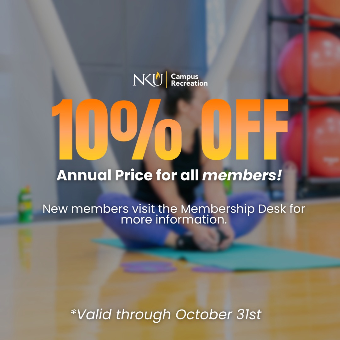 nku_camprec's tweet image. Treat Yourself! 🎉 
Ready to invest in YOU this October? For a limited time, enjoy 10% OFF our annual membership price at Campus Rec! 🌟 

#TreatYourself #CampusRec #MembershipDeal