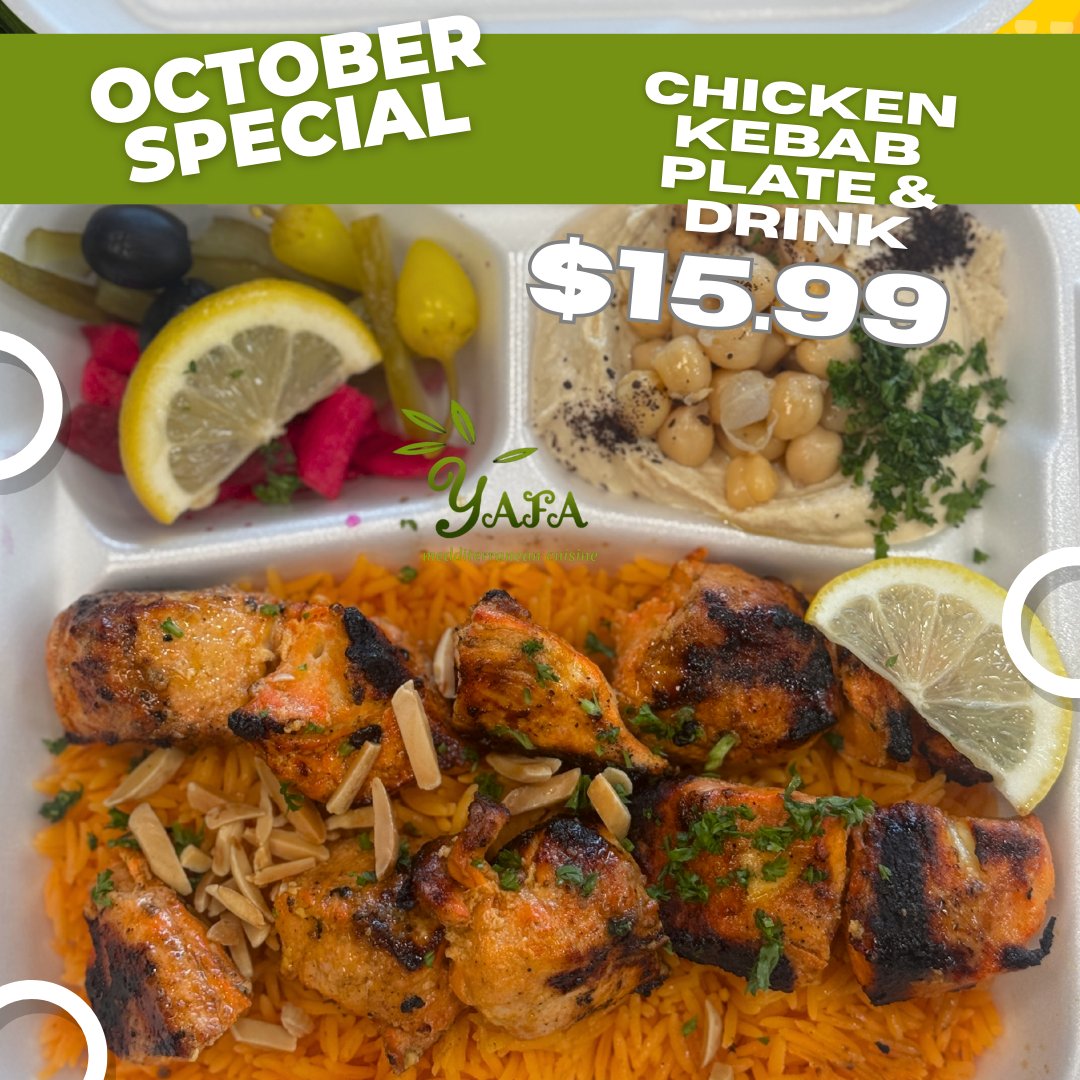 cuisineyafa's tweet photo. A new month and we got a New Special! Chicken Kebab Plate with a generous serving of chicken rice, hummus, pita and pickles with a drink is Only $15.99! We hope you enjoy this months special!

#yafa #special #october #chickenkebab #riverside https://t.co/dmgMKeKAML