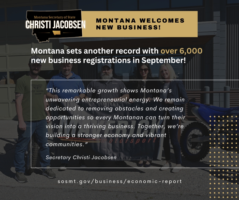 SOSJacobsen's tweet image. Montana set another record in September with the opening of over 6,000 new businesses. 
Thank you to the thousands of new business owners powering Montana’s economy. Montana is open for business!
#OpenForBusiness #SmallBusinessMontana #MontanaBusiness #SecretaryJacobsen #mtnews