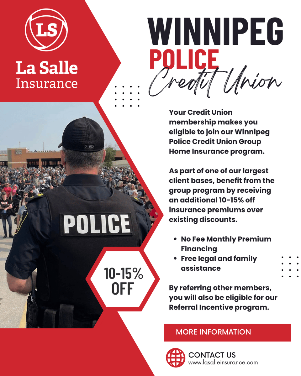 🚨Attention Winnipeg Police staff!🚨

Join our Winnipeg Police Credit Union Group Home Insurance program and benefit from the group program by receiving an additional 10-15% off insurance premiums over existing discounts.

🌐 - lasalleinsurance.com