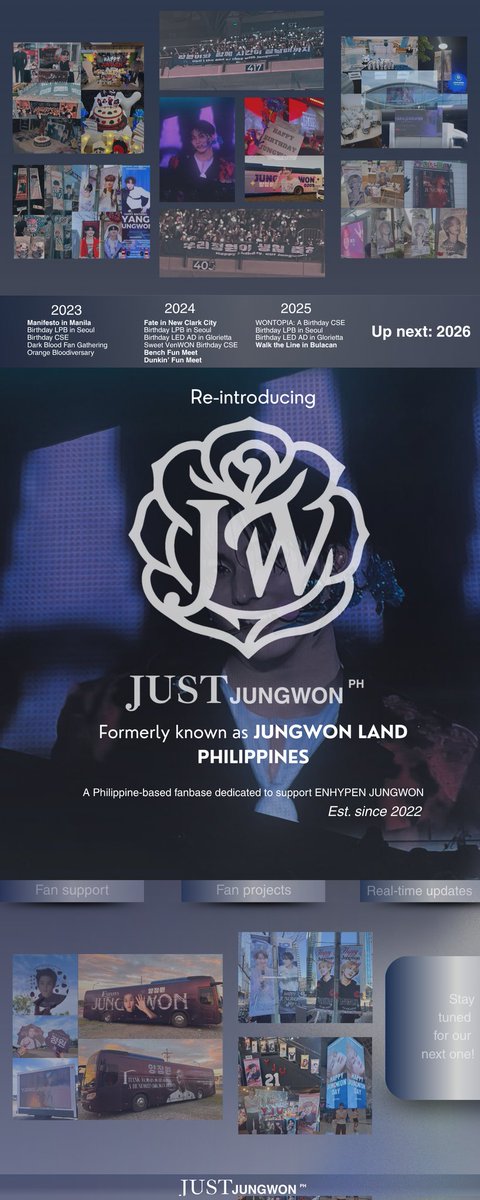 With a new name and a lil' makeover, but the same love for #JUNGWON

Re-introducing JUST JUNGWON PH — a Philippine Fanbase dedicated for ENHYPEN JUNGWON that was established in 2022. Through the years, the continuous trust and support has led us to a series of successful fan
