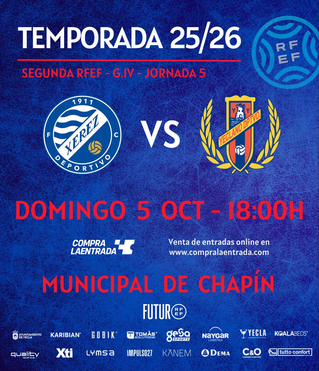 🔜 #XerezDeportivoYeclano 🎯

💪🗓 ¡Nuevo mes y nueva oportunidad para conseguir nuestros primeros puntos a domicilio en el G.IV de #SegundaRFEF en un gran escenario! 🏟🔝

🆚️ <a href="/XerezDFC/">XEREZ DEPORTIVO</a> ⚽️
🎟 @compralaentrada 📲
xerezdfc.compralaentrada.com

#GraciasAfición 💙❤️ #NoDudaría