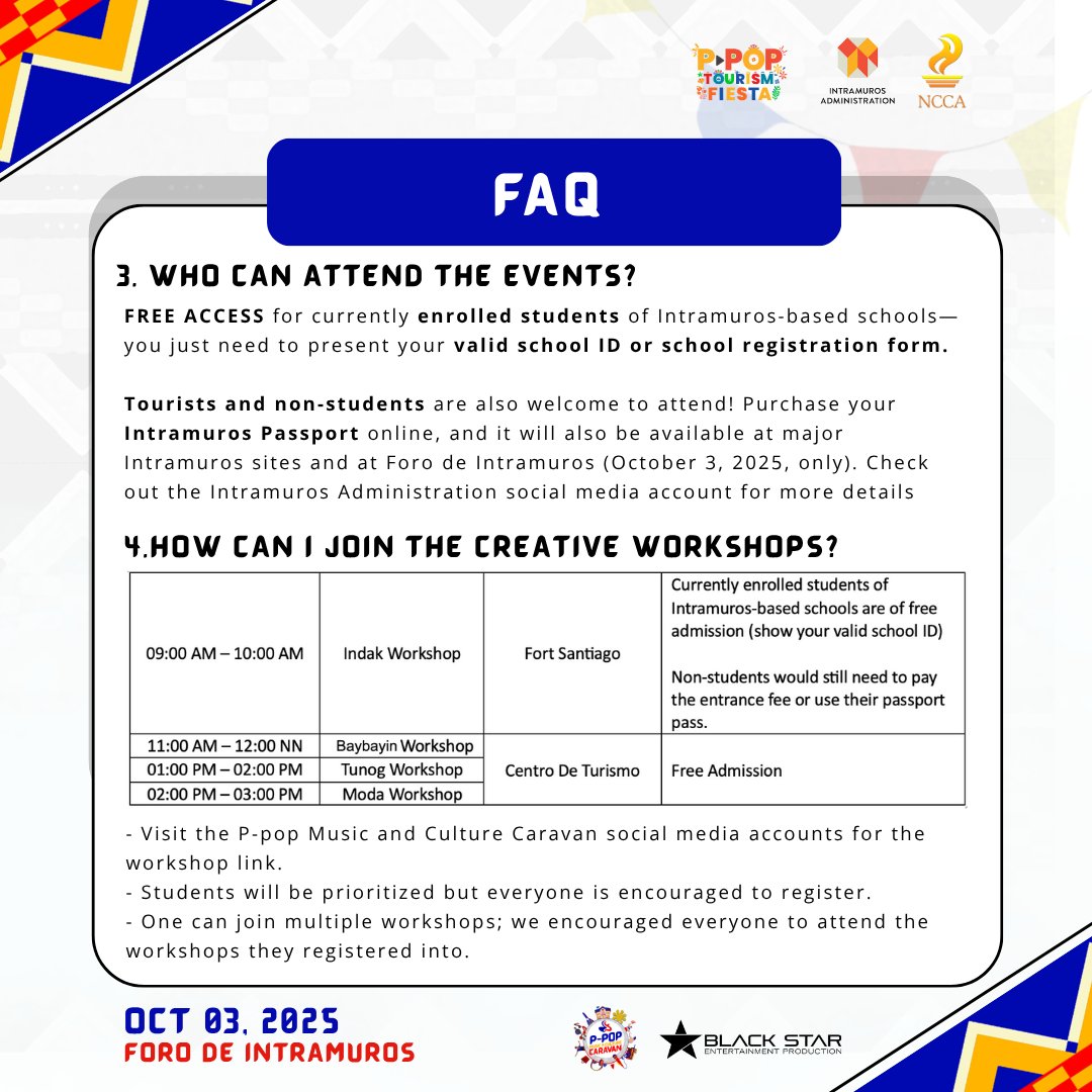 PMCC_2025's tweet image. Got questions about PMCC Intramuros this Friday, Oct 3? Answers are in — now’s the time to lock in your plans 🙌🏼

⏳ Workshop slots are filling fast. Register now and be part of the movement 
tinyurl.com/bdcmtjvc

#PMCC #PPOP #PMCC2025 #PPOPCaravan #PMCCatIntramuros 🎨🎶🚌