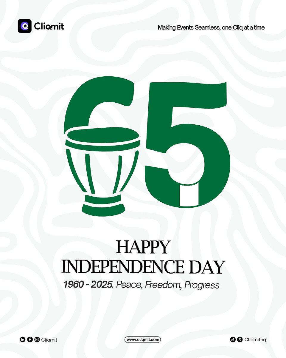 cliqmithq's tweet photo. 💚🤍💚 Nigeria @ 65 ✨
Here’s to freedom, growth & new beginnings.
Happy Independence Day + Happy New Month from Cliqmit! 🚀
#NigeriaAt65 #HappyNewMonth #ClickMe” https://t.co/ZTj0qFg2Ip