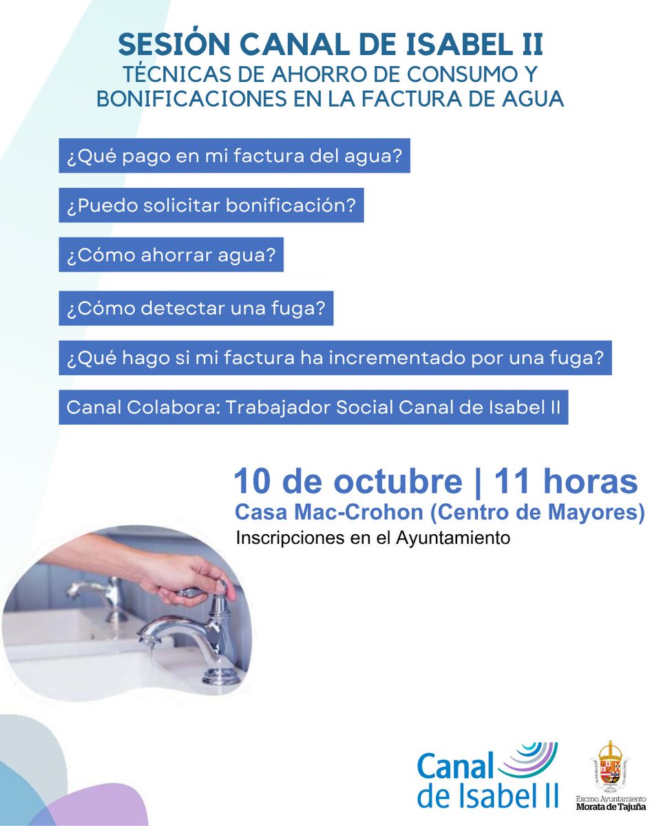 💧 ¿Quieres ahorrar en tu factura de agua? El Canal de Isabel II organiza una sesión informativa para ayudarte a descubrir técnicas de ahorro de consumo, las bonificaciones disponibles y cómo detectar y actuar ante fugas de agua.