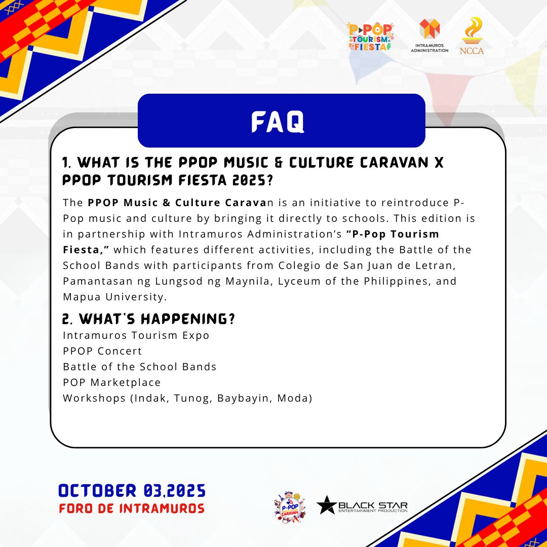 PMCC_2025's tweet image. Got questions about PMCC Intramuros this Friday, Oct 3? Answers are in — now’s the time to lock in your plans 🙌🏼

⏳ Workshop slots are filling fast. Register now and be part of the movement 
tinyurl.com/bdcmtjvc

#PMCC #PPOP #PMCC2025 #PPOPCaravan #PMCCatIntramuros 🎨🎶🚌