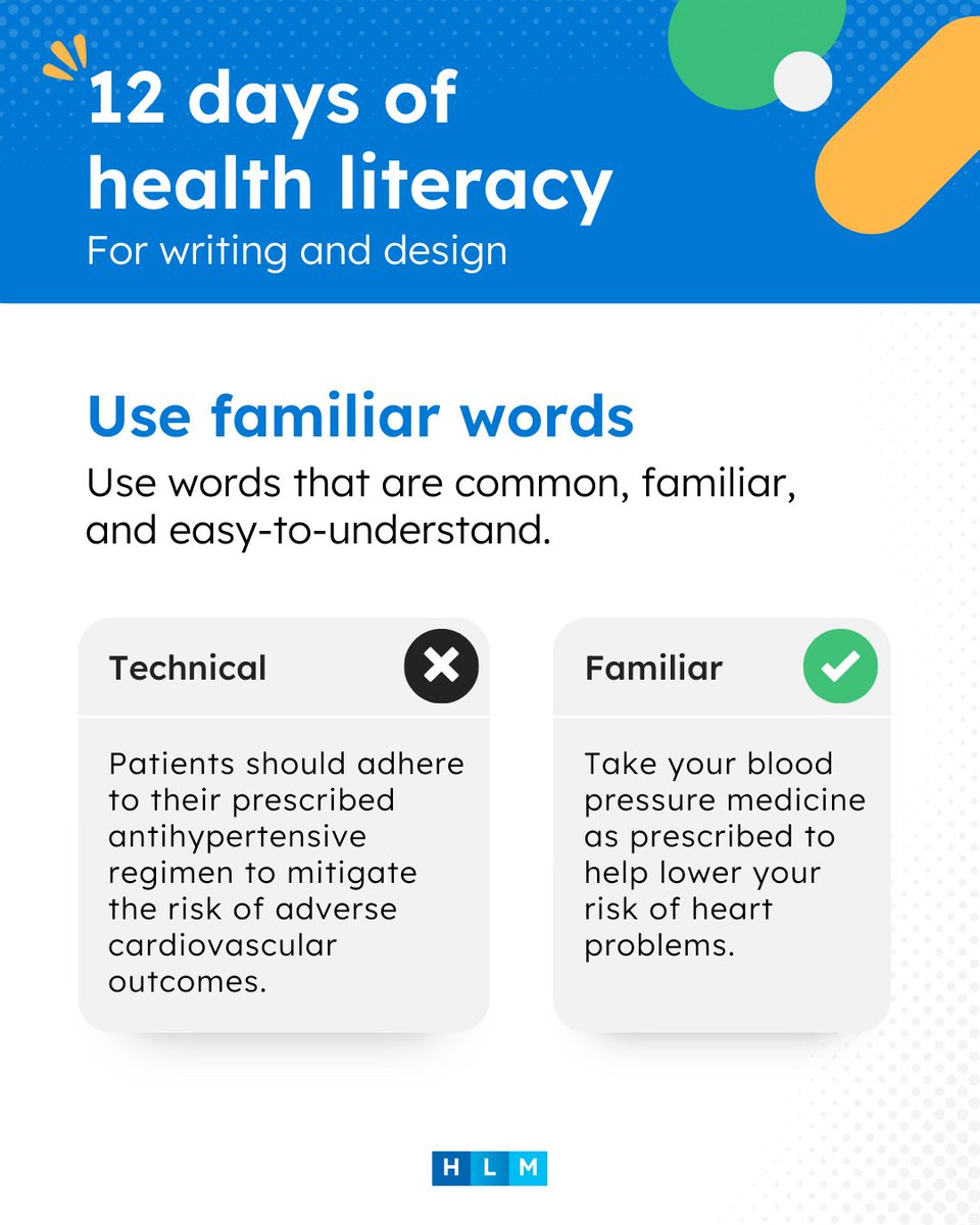 HealthLitMedia's tweet image. 📅 Today we kick off #HealthLiteracyMonth and Day 1 of our #12DaysofHealthLitTips! 
💊 First up: Swap jargon for words people actually use, so people don&apos;t need a dictionary to follow along. #PlainLanguage #HealthLiteracyTips