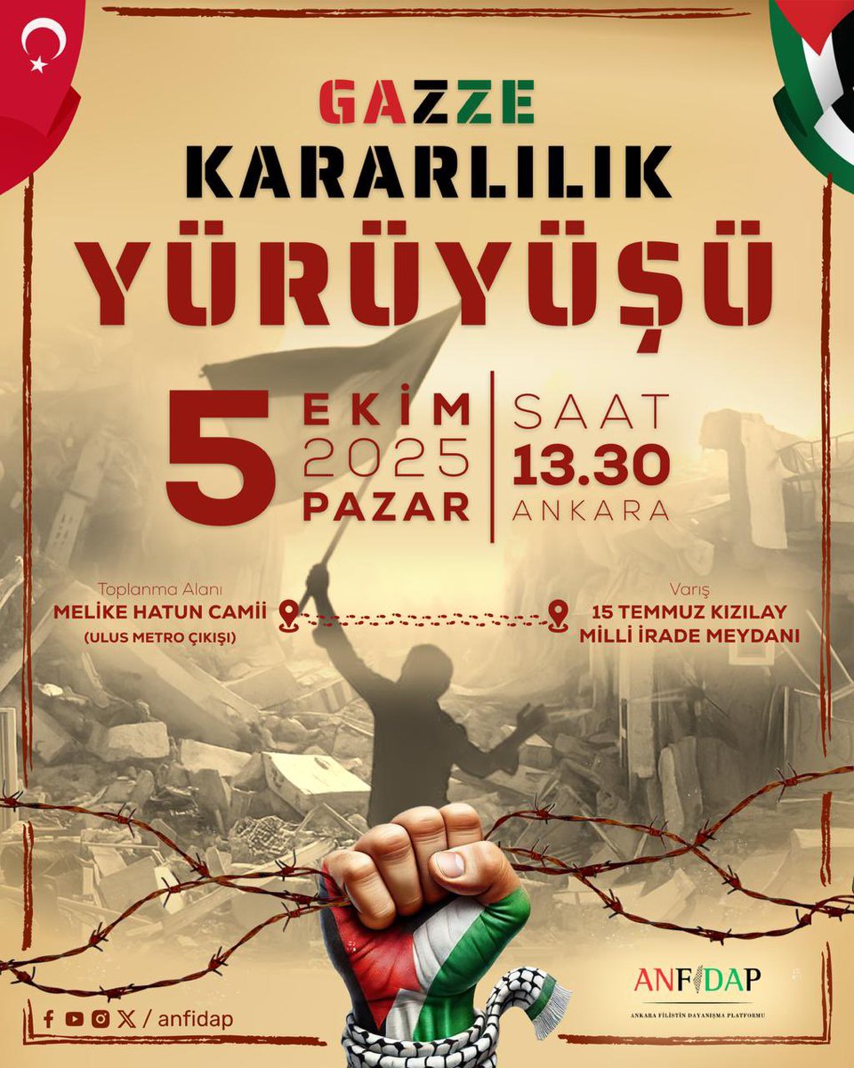 ank_kentkonseyi's tweet photo. Ankara Filistin Dayanışma Platformu (ANFİDAP) temsilcileri, Ankara Kent Konseyi Başkanı Halil İbrahim Yılmaz, Başkan Yardımcıları Ceren Anadol ve Dr. Süleyman Basa ile Genel Koordinatör Ömer Şan’ı ziyaret ederek görüş alışverişinde bulundu.

Ziyarette, ANFİDAP’ın Filistin halkına destek amacıyla yürüttüğü çalışmalar, dayanışma projeleri ve sivil toplum iş birlikleri değerlendirildi.

Platform temsilcileri ayrıca, 5 Ekim 2025 tarihinde düzenleyecekleri “Gazze Kararlılık Yürüyüşü” hakkında bilgi vererek, etkinliğin toplumda farkındalık oluşturmayı ve Filistin halkının yanında yer alındığını vurguladılar. 

#AnkaraKentKonseyi #ANFİDAP #GazzeKararlılıkYürüyüşü #Dayanışma #Filistin #Gazze #Ankara