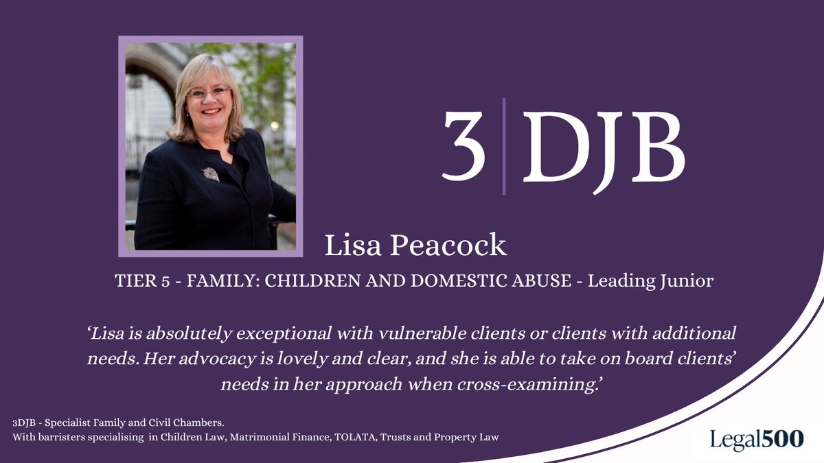 Lisa Peacock - ‘Lisa is absolutely exceptional with vulnerable clients or clients with additional needs. Her advocacy is lovely and clear, and she is able to take on board clients’ needs in her approach when cross-examining.’

#Legal500 #L500