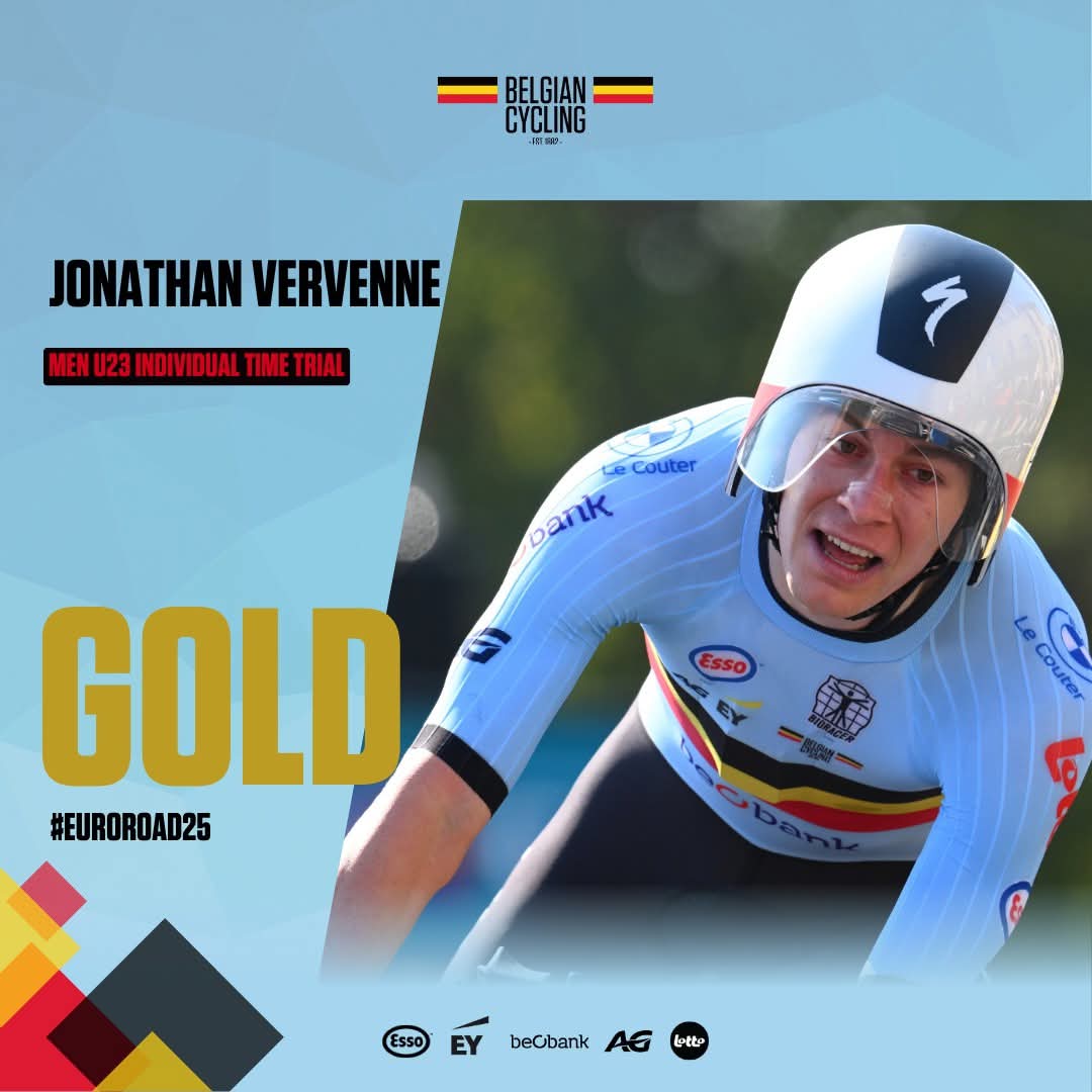 BELCyclingTeam's tweet image. Jonathan Vervenne claimed the 🇪🇺 title in the Men&apos;s U23 Individual Time Trial at #EuroRoad25! 🥇
It was a very close call but he&apos;s 1.66 seconds faster than his teammate ⚡️ 

Perfect way to close off the Men U23 category! 🙌