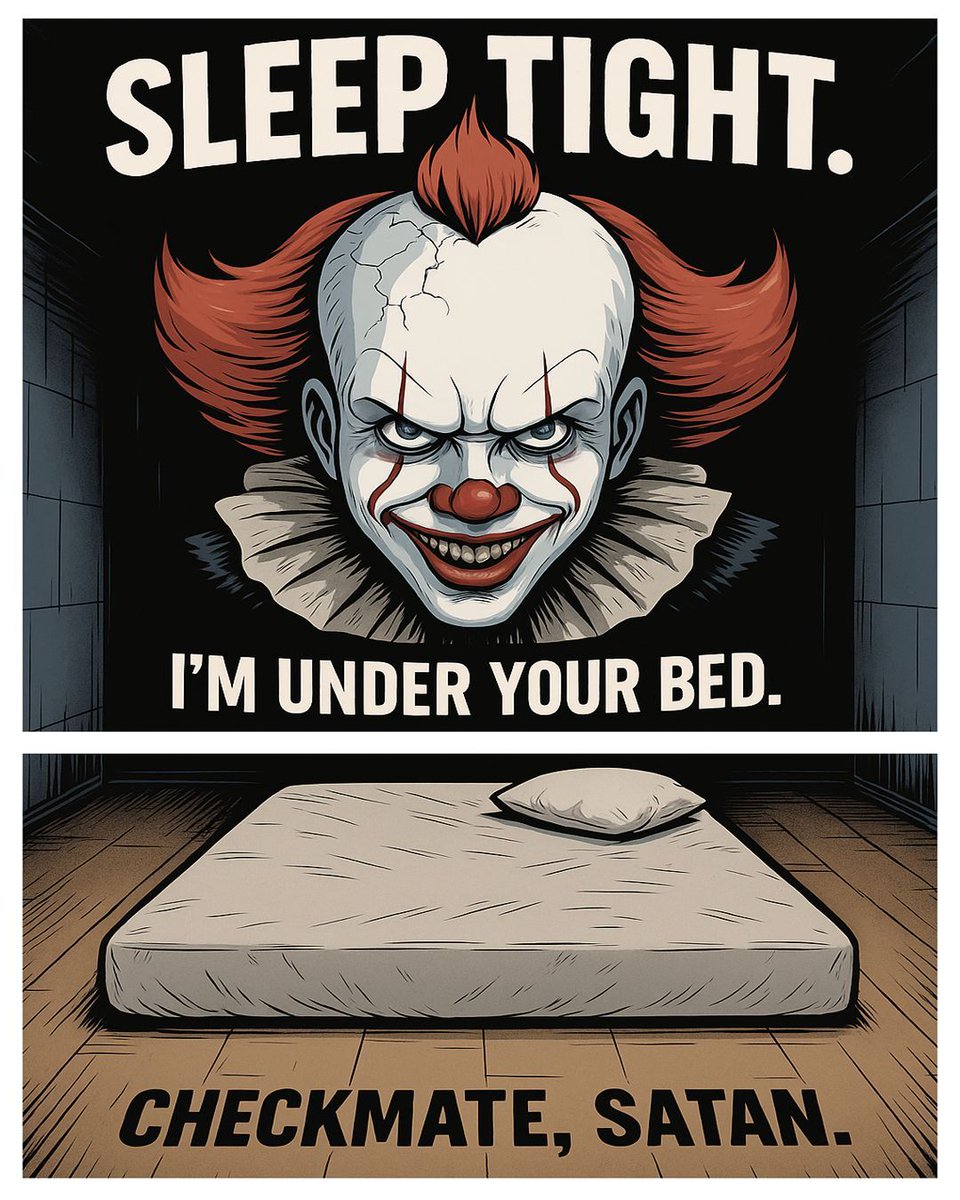 ctfdn_official's tweet photo. Forget night lights and monster spray. The real solution to childhood fears? Outsmarting the devil himself. Sleep tight, champ.
#CheckmateSatan #CantSleep #ClownsWillEatMe #SleepTight #PovertyFTW #MonsterUnderTheBed #RidiculousSolutions #CTFDN #ChillingTales #ChillingTalesForDarkNights #Halloween #Phobias