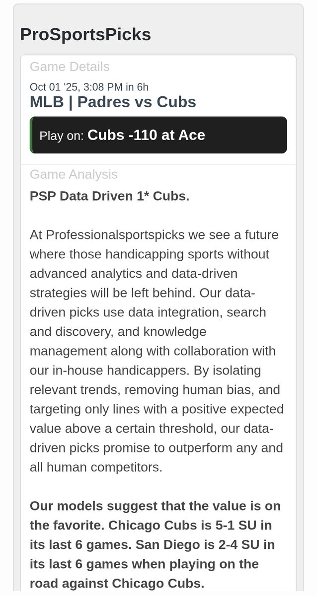 Data driven Padres vs Cubs Free Pick  ⚾

Don’t miss today’s MLB Wild Card round action plus even more football, soccer and MLB free picks from our experts 👉 professionalsportspicks.com/free-sports-pi…

 #MLBpicks #freepicks #sportsbetting #nflpicks #cfbpicks