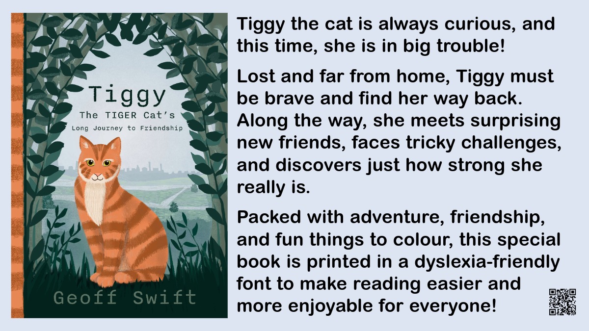 This Dyslexia Awareness Week, let’s #RaiseTheVolume for young readers! 📚
Tiggy’s adventure starts with one curious mistake... Can she find her way home with help from new friends? 🐾
A dyslexia-friendly reading &amp; colouring book full of heart. #DAW25 #DyslexiaAwareness