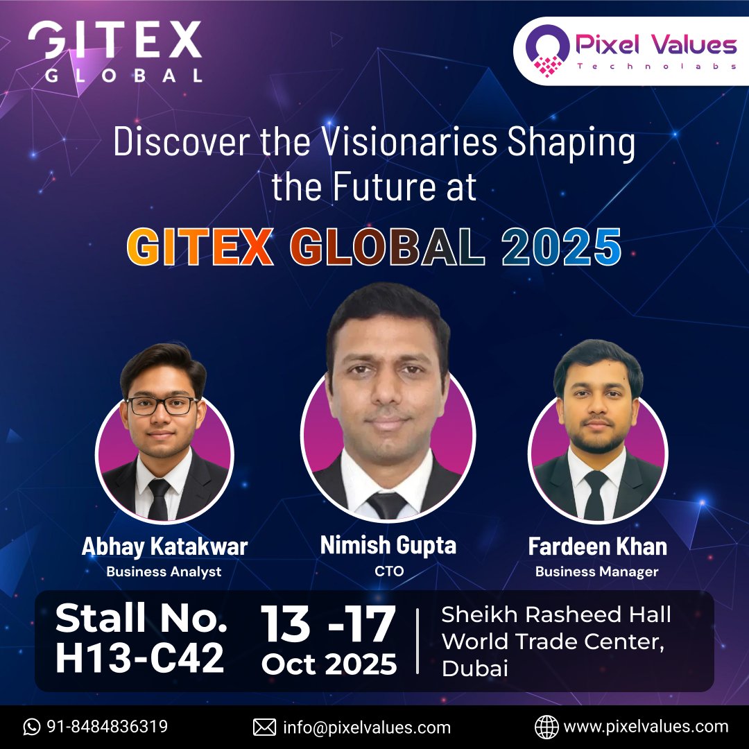 PTechnolab91982's tweet photo. 🚀 Pixel Values Technolabs at GITEX GLOBAL 2025! 🌍✨

👉 Let’s connect and explore the innovations driving tomorrow!

📞 📱 WhatsApp: +91-8484836319
📧 info@pixelvalues.com

🌐 https://t.co/YYXHdT4vbq

#GITEXGLOBAL2025 #PixelValues #TechInnovation #DubaiEvents #FutureOfTech https://t.co/3RkKICa7en